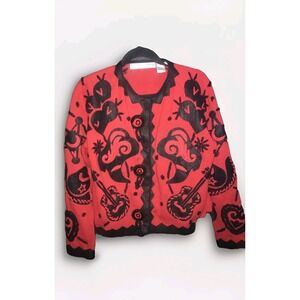 Michael Simon Vtg '95 Red Black Music Boots Stars Guitar Cardigan Sweater Medium